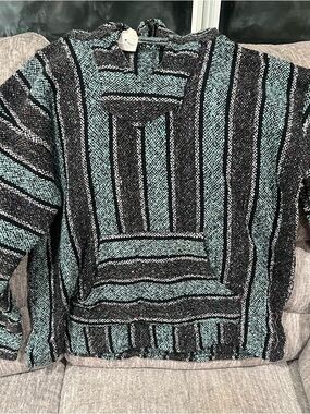 Frank's Textiles Vintage Baha Pullover, Rug Hoodie Blue Red White Stripe XL